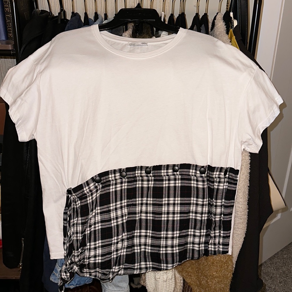 Zara White Tee With Flannel Button Detail